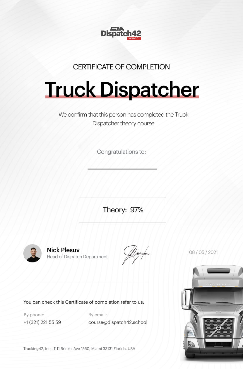 Truck dispatcher's certificate